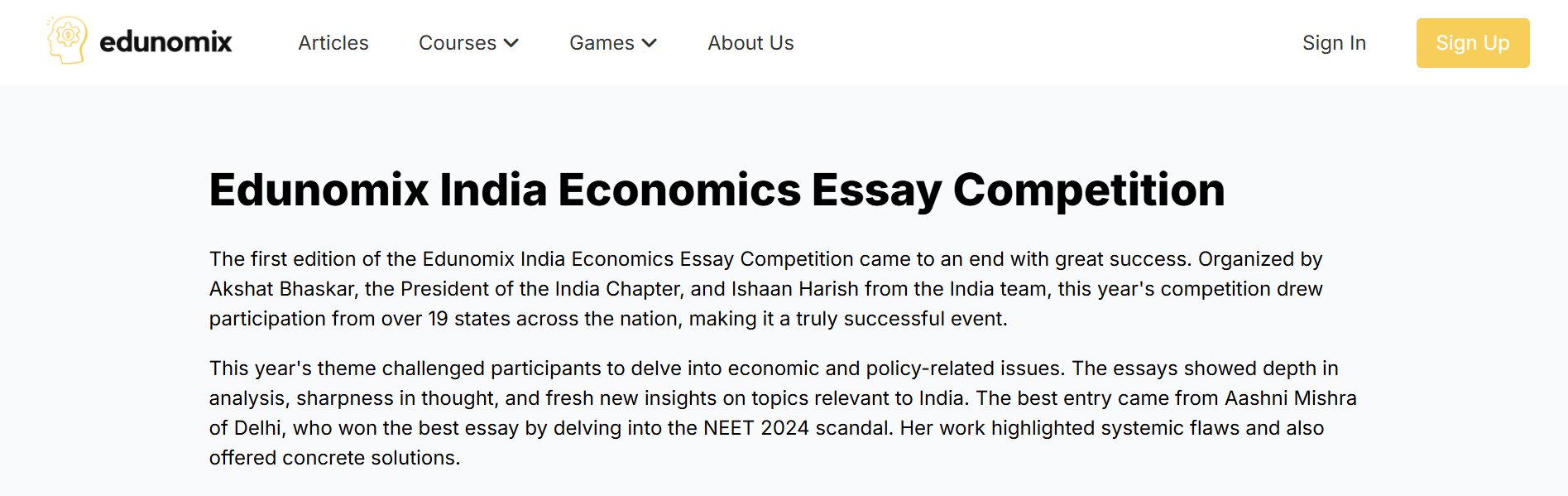 The Edunomix India Economics Essay Competition announcement, naming Akshat Bhaskar as organiser