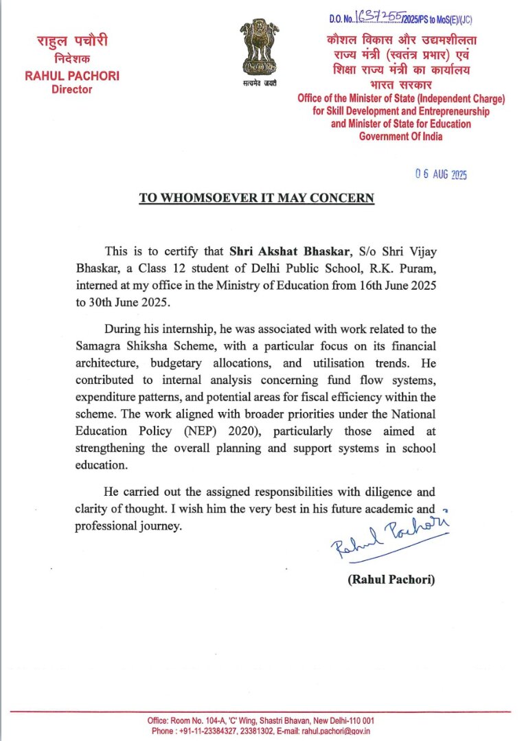 Internship certification letter from the Office of the Director, Ministry of Education, Government of India