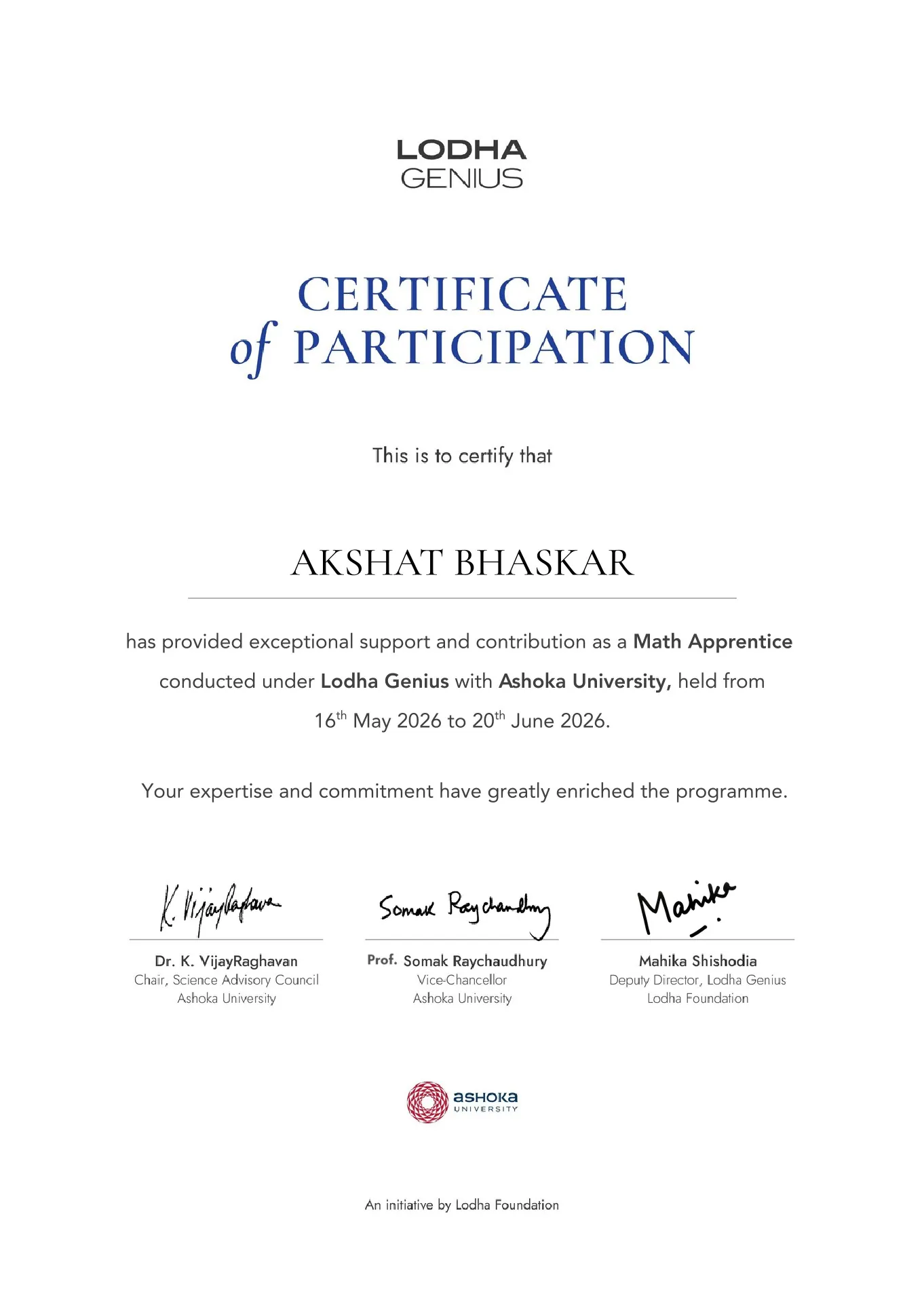 Certificate of Appreciation, Lodha Genius Programme 2026