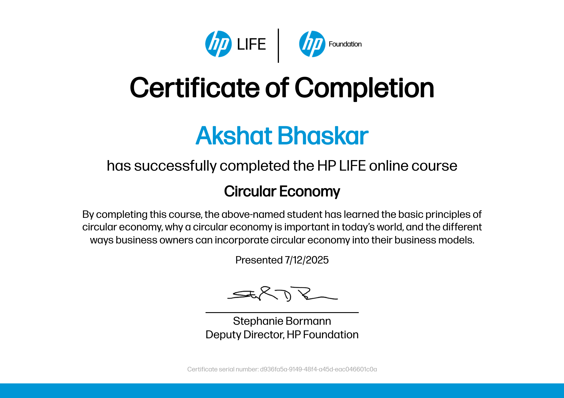HP LIFE certification: Circular Economy.