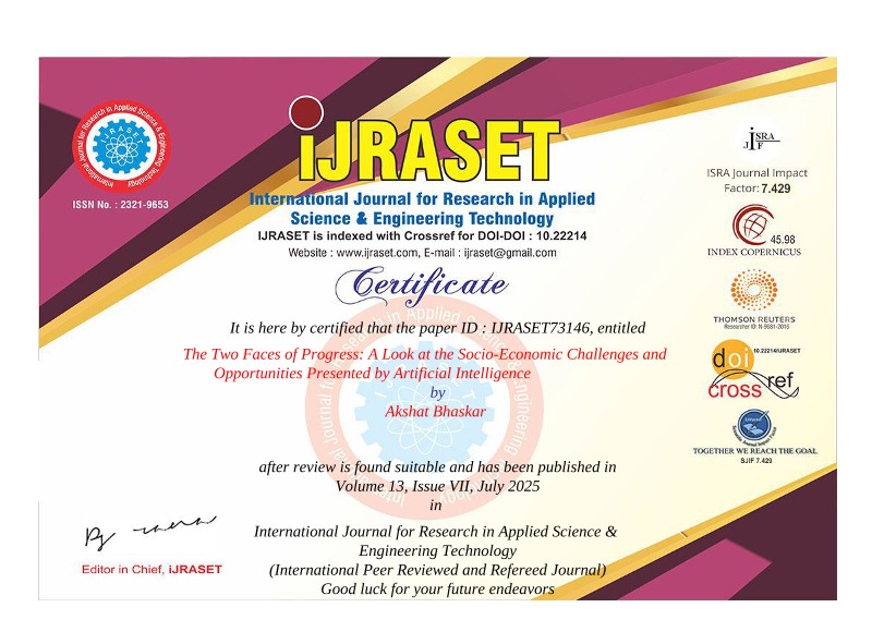 The IJRASET publication certificate for The Two Faces of Progress.
