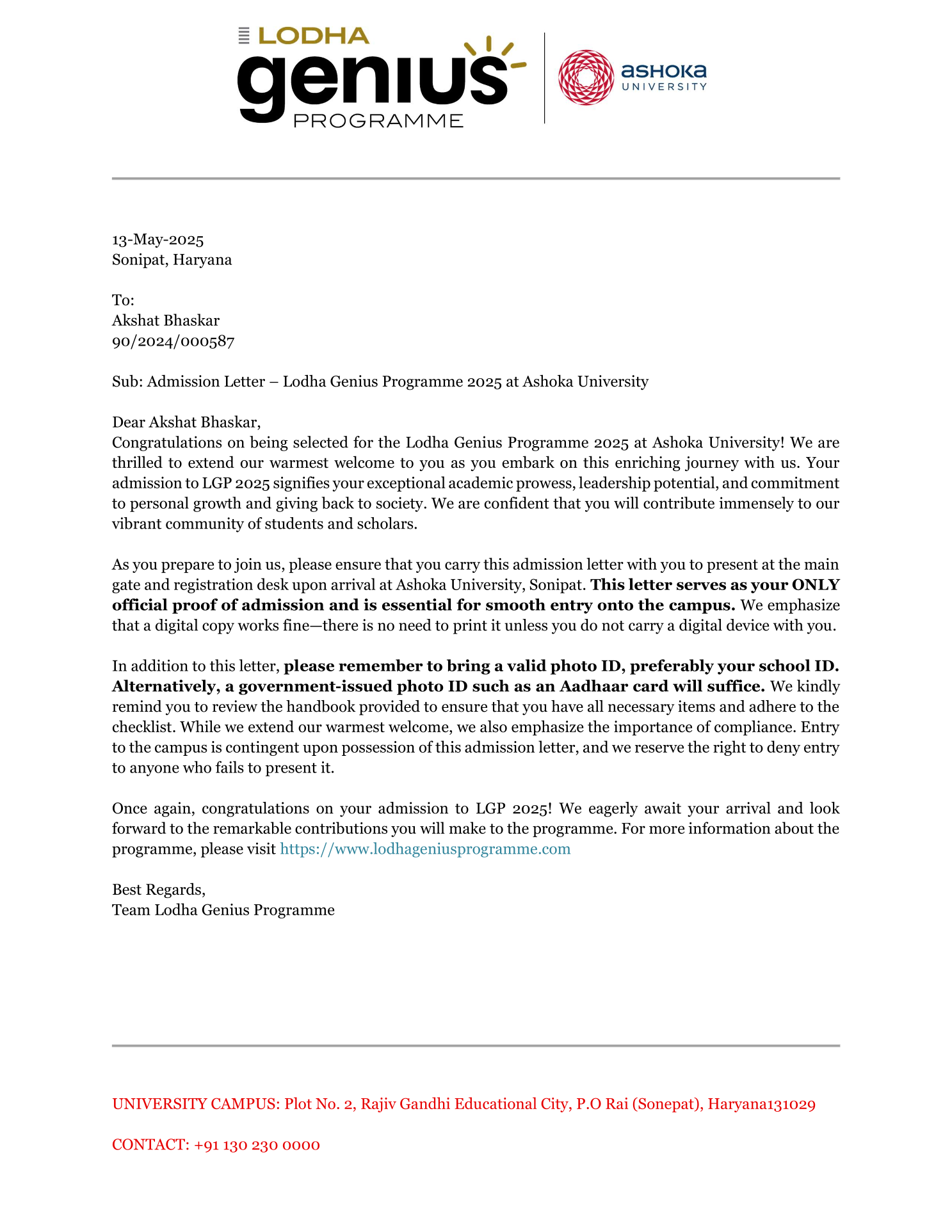 Lodha Genius Programme 2025 admission letter, Ashoka University.