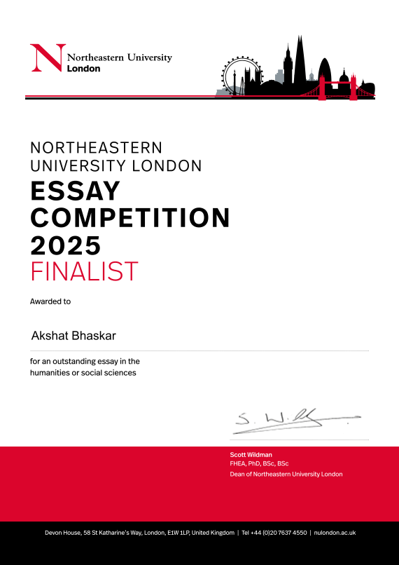 Finalist, Northeastern University London Essay Competition 2025.