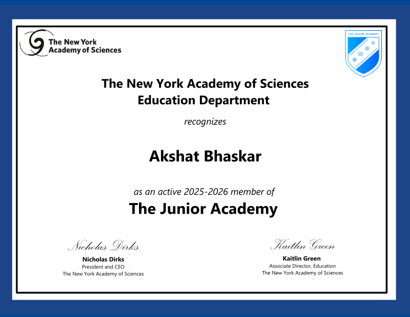 The Junior Academy, New York Academy of Sciences, 2025 to 26.