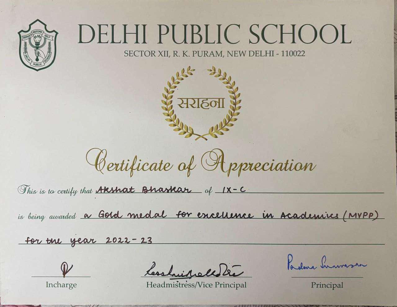 Certificate of Appreciation from Delhi Public School R.K. Puram, awarding Akshat Bhaskar a gold medal for excellence in academics under MVPP